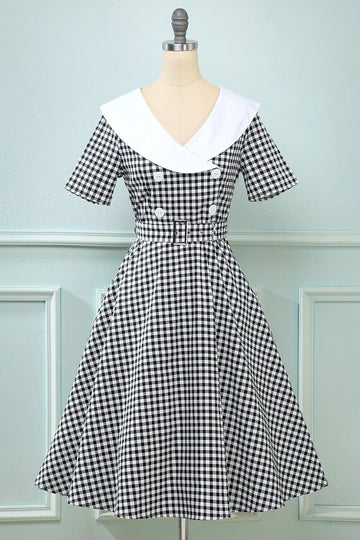 Vestido preto plaid Flare Vintage 1950s